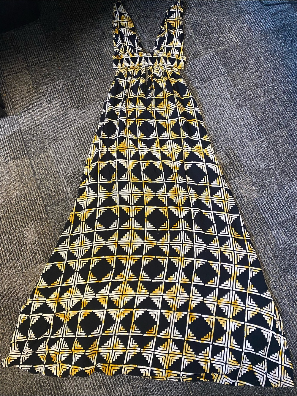 Indah Black, White & Yellow Geometric V-Neck Maxi Dress